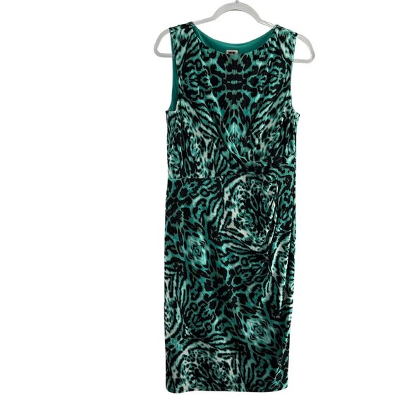 Anne Klein Sleeveless Green Black Animal Print Midi Dress Size 10 Jungle Leopard - Picture 1 of 8